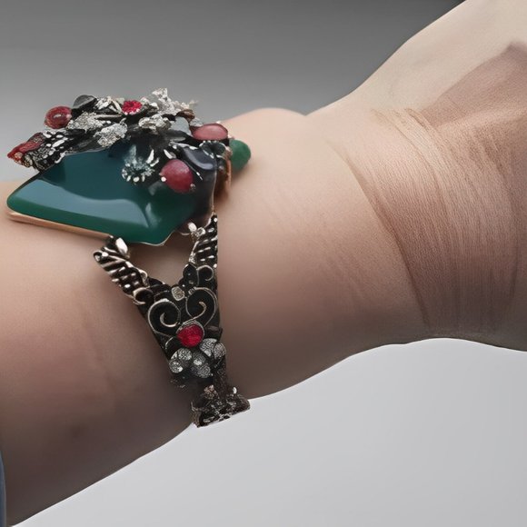 Emerald Green Stone With Vintage Gold Tone Kinel Turkish Bracelet For Women - Picture 2 of 4